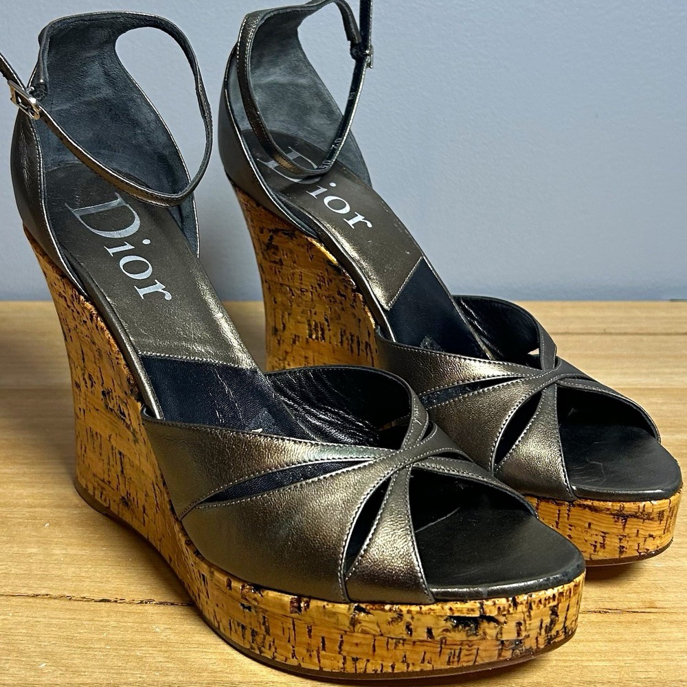 Christian Dior Metallic Bronze Leather Cork Ankle Strap Open Toe Wedge Sandals